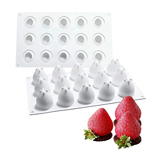3D Strawberry Silicone Mold for Baking Mousse Dessert Molds Cake Chocolate Truffle Mold Pastry Fruit Shape Ice Cream Mould (15-Cavity)
