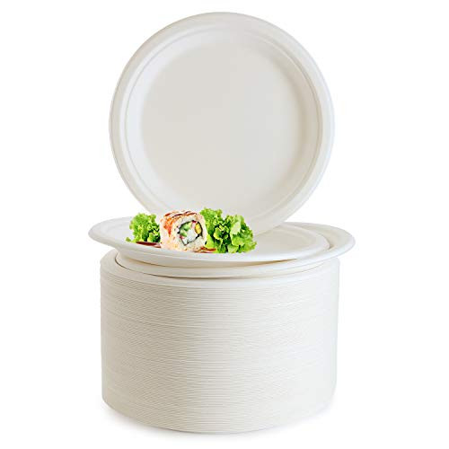 9 Inch Paper Plates [125 Pack] 100% Compostable Heavy Duty Disposable Plate, Natural Eco Friendly, Biodegradable, Made of Sugarcane / Bagasse, Safe for Hot and Cold Foods, White