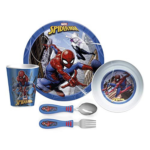 Zak Designs Marvel Spider-Man Dinnerware Set Includes Plate, Bowl, Tumbler and Utensil Table, Made of Durable Material for Kids BPA-Free, 5pc