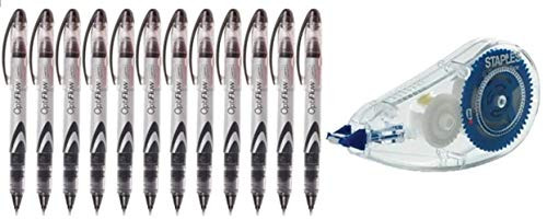 Staples OptiFlow Rollerball BLACK Pens + Staples Correction Tape - Fine Point - 1 Dozen Premium Conical Tip Pens - VALUE PACK OFFICE SUPPLIES -
