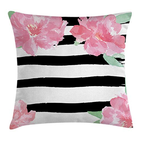 Floral Throw Pillow Cushion Cover by Ambesonne, Watercolor Peony Flowers with Black Brush Strokes Romantic Spring Print, Decorative Square Accent Pillow Case, 18 X18 Inches, Light Pink Black White