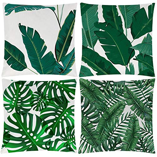 Wilproo Tropical Leaves Throw Pillow Covers, Decorative Cotton Linen Burlap Square Outdoor Cushion Cover Pillow Case for Car Sofa Bed Couch 18 X 18 Inch,4 Pack
