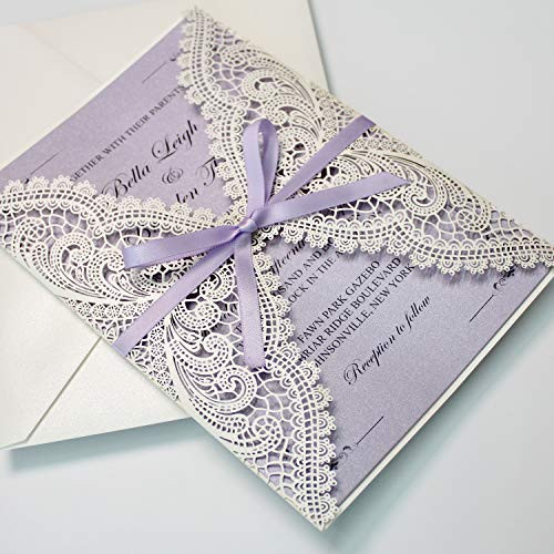 25-Pack Lavender Purple Wedding Invitations with Ribbon Bow and Envelopes, 5x7 Invite Cards for Wedding/Bridal Shower/Birthday Party, 125 x 185mm (Purple)