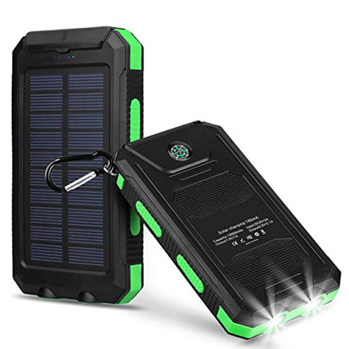 Bysionics Solar Phone Charger,Portable Charger Solar Charger Power Bank 12000mah External Backup Battery Pack Dual USB with 2LED Light Carabiner and Compass for Your Smartphones and More (Green)