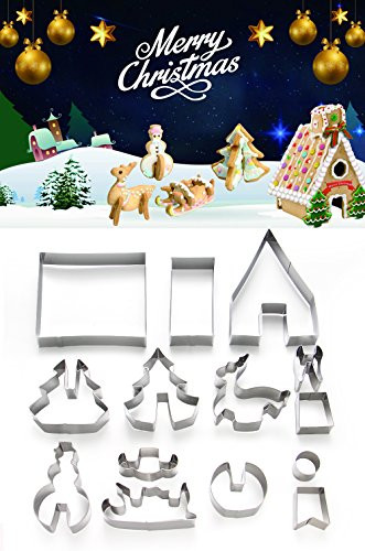 ShengHai 3D Christmas Cookie Cutter Set - 14 Piece Favorite Holiday Cookie Cutters, Include: Christmas Gingerbread House, Snowman, Christmas Tree, Deer and Sled