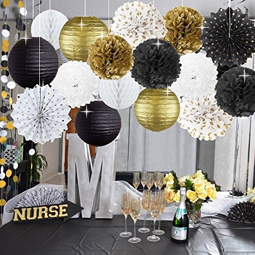 Kubert New Year Party Decoration Gold Polka Dot Tissue Paper Fans Black Gold White Tissue Paper Pom Poms Paper Flower Paper Lantern for Birthday Decorations Bridal Shower Decorations Wedding