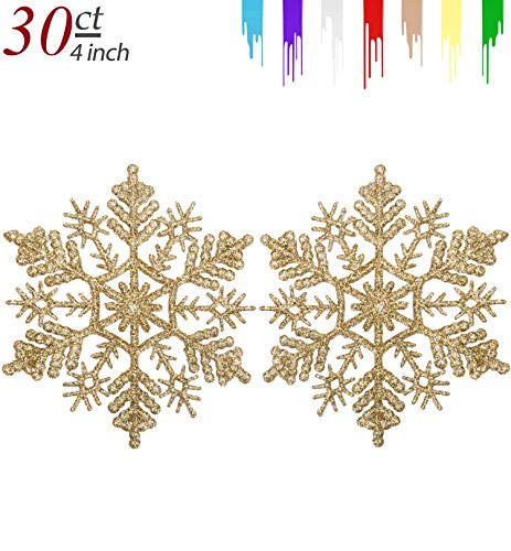 AMS 4''/30ct Plastic Christmas Sparkling Glitter Snowflake Ornaments Christmas Tree Decorations (10cm, Gold)