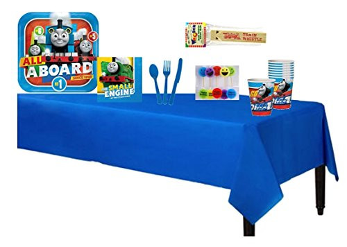 All Aboard Thomas The Train Tank Engine Complete Party Pack for 8 includes 9" Dinner Plates, Napkins, Cups, Tablecover, Cake Deco Candles & Cutlery with BONUS 1pc Extra Large Wooden Train Whistle