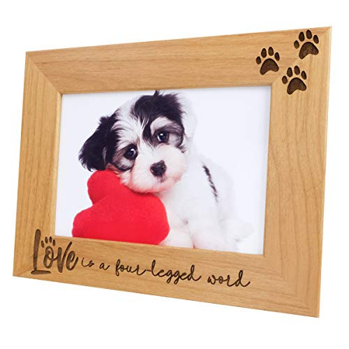 Love is a Four-Legged Word-Natural Wood Engraved Pet Picture Frame with Glass,Dog Picture Frame,Cat Picture Frame,Dog Mom,Cat Dad,Paw Print,Pet Memorial Picture Frame,Pet Lover Gift(5x7 Horizontal)