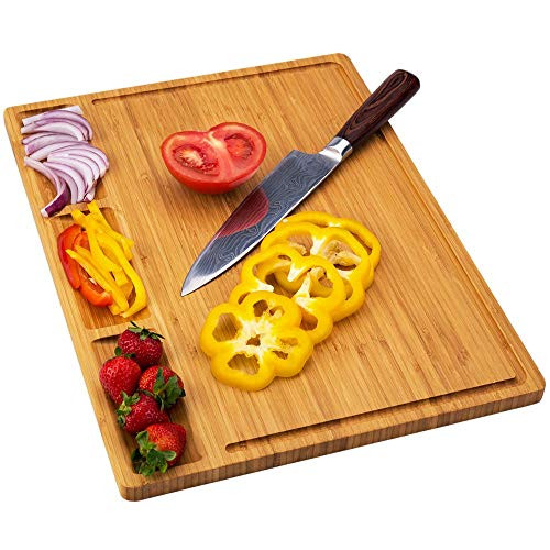 Large Bamboo Wood Cutting Board for Kitchen, Cheese Chopping Board, Butcher Block, Serving Tray with 3 Built-In Dividers And Juice Grooves (17x12.6x0.65")