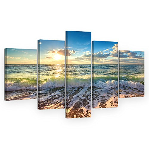 Ruoya Arts 5 Panels Framed Sunrise and Sea Waves Modern Wall Art Painting on Canvas Ready to Hang for Home and Office Decorations