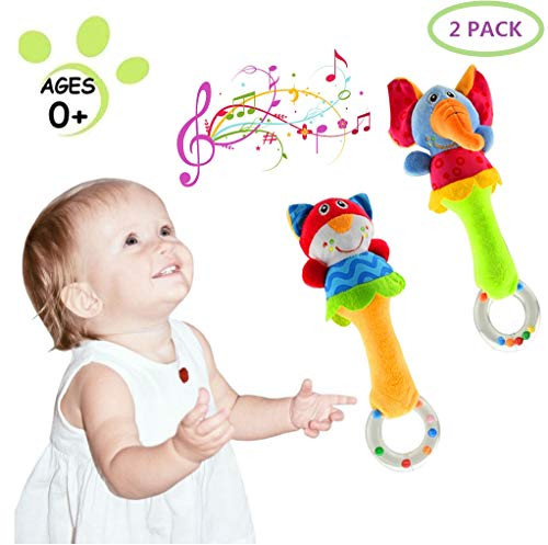 Melover Baby Soft Rattles Shaker Soft Baby Instruments Sensory Toy Cute Stuffed Animal Toy Infant Developmental Hand Grip for 3 6 9 12 Months(2 Pack)