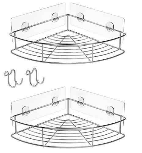 Corner Shower Caddy Shower Shelf Bathroom Organizer with Hooks,No Drilling Adhesive Shelf, Rustproof SUS304 Stainless Steel, 2 Pack (Silver)
