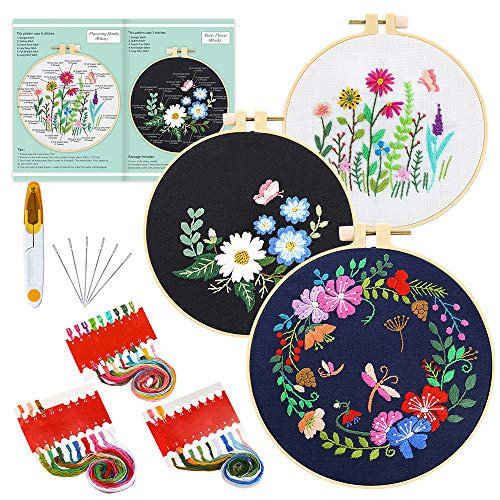 Pllieay 3 Sets Full Range of Embroidery Starter Kit with Patterns and Instructions, Cross Stitch Kit Include Embroidery Clothes with Floral Pattern, Plastic Embroidery Hoops, Color Threads and Tools