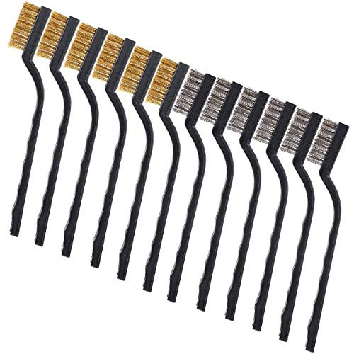 HUAWELL 12 pieces Scratch Brush (Stainless Steel + Brass), Curved Handle Masonry brush Wire bristle for Cleaning Welding Slag and Rust