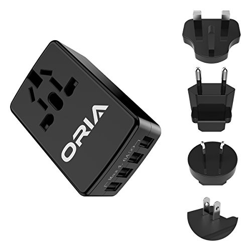 ORIA Universal Wall Charger, 4 USB Ports Travel Adapter, Universal Power Adapter with UK, US, EU, AUS Multi Plugs for Mobile Phone, Tablet, Power Bank, Black