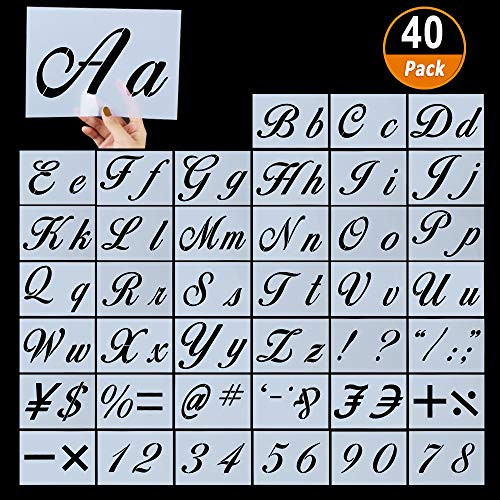 40 Pieces Letter Stencils for Painting on Wood, Reusable Plastic Alphabet Stencils with Calligraphy Font Upper and Lowercase Letters, Numbers and Signs, 8.27"x5.9"