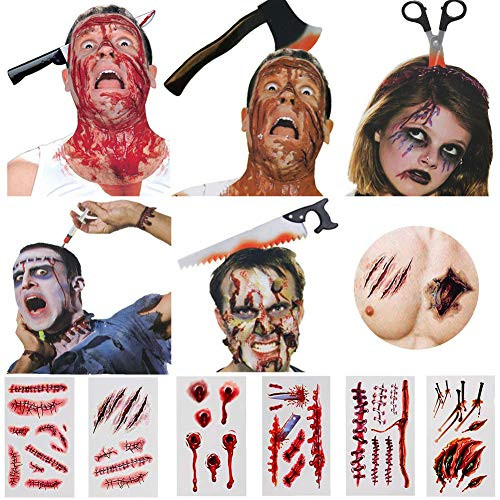 Halloween Headband, 6PCS Bloody Headpieces Headwear Cleaver Through Head Bleeding Knife Headband Accessories Horrible Dress-up Costume Funny Prop, 18PCS Halloween Tattoo Sticker, Halloween Favors