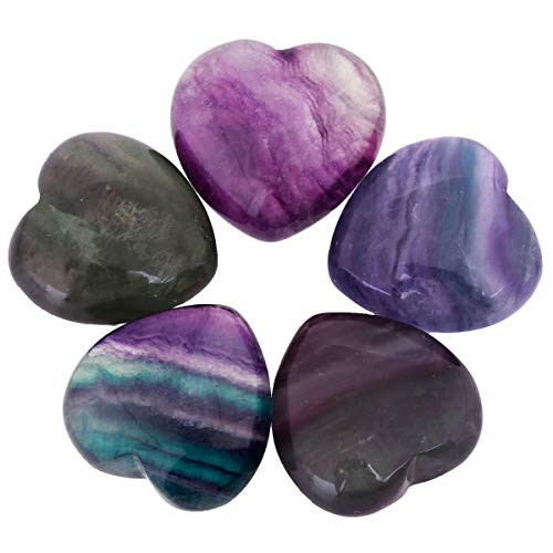 mookaitedecor Healing Crystals Heart Love Worry Palm Stone Reiki Balancing Fluorite 0.9 inches,Pack of 5