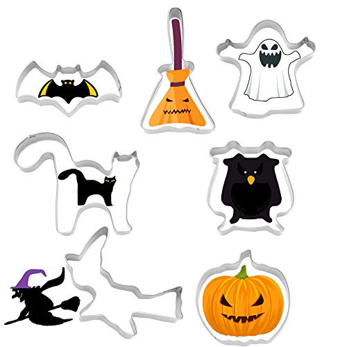 Halloween Cookie Cutter Set of 7 pcs, Stainless Steel Cookie Mold, Cartoon Baking Mold, Fondant Tool Pastry Biscuit Cake Mould For Halloween Biscuit DIY (Owl+Bat+Wizard+Broomstick+Cat+Pumpkin+Ghost)