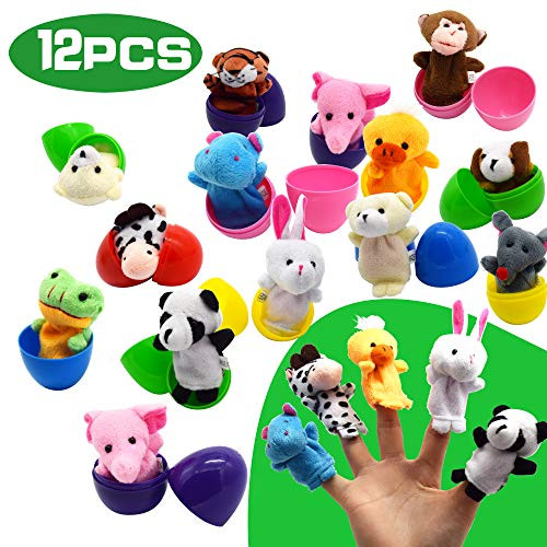 OPACC 12 Pack Fillable Plastic Easter Egg with Finger Puppet for Easter Theme Party, Favor Easter Eggs Hunt, Basket Stuffers Fillers, Classroom Prize
