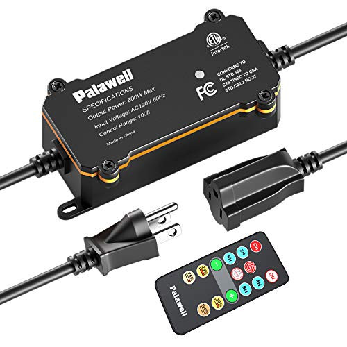 Outdoor Dimmer, Palawell 800W Light-Sen Outdoor Dimmer Switch 100FT Wireless Remote Control for LED String Lights, IP65 Waterproof, Sunset & Sunrise Auto Turn on/Off, Timed Function, Memory Function