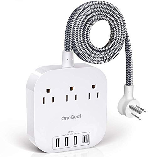 Power Strip with USB C, 3 Outlets 4 USB Ports 4.5A Deasktop Charging Station, Travel Power Strip Flat Plug and 5ft Braided Extension Cord for Cruise Ship, Home & Office - White (Renewed)