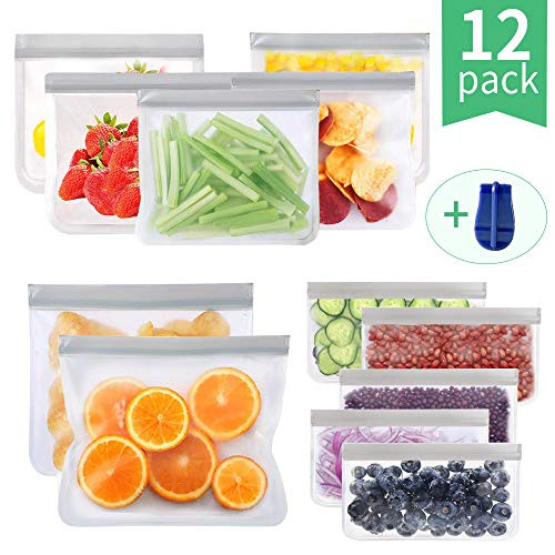 Reusable Food Storage Bags Freezer Safe Leakproof Ziplock Lunch Bag for Food, Meat, Fruit, Cereal, Sandwich, Snacks, Toiletries, Make-up, Sous Vide (12-Pack (Gray))