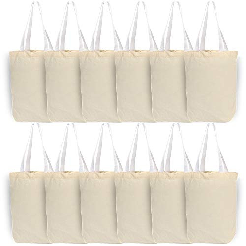 Natural Canvas Tote Bags with Bottom Gusset for Crafts, Shopping, Groceries, Books, 13x11x3.2 Inch - 12 Pack