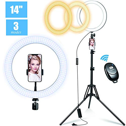 14" Selfie Ring Light with Tripod Stand & Phone Holder for Live Stream/Makeup, Dimmable LED Camera Ringlight for YouTube, Compatible for iPhone and Android, 3 Light Modes and 10 Brightness Levels