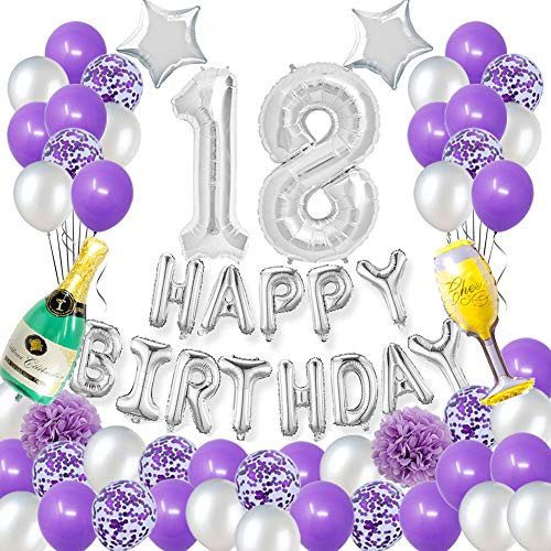 Happy 18TH Birthday Party Decorations Pack-Purple Silver Theme Happy Birthday Banner Foil Number 18 12inch Purple Confetti Balloons Purple and Silver Latex Balloons Purple Pertlfie