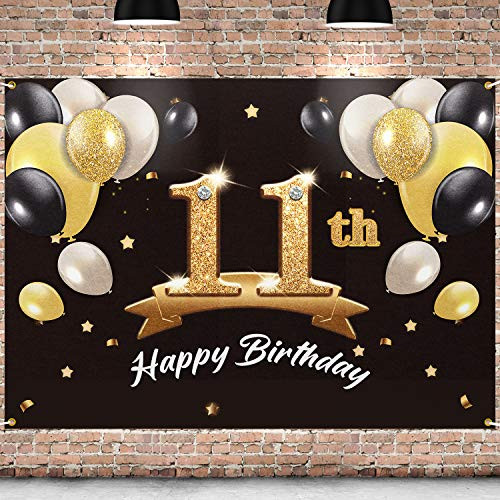 PAKBOOM Happy 11th Birthday Backdrop Black Gold Photo Background Banner 11 Birthday Decorations Party Supplies for Boys