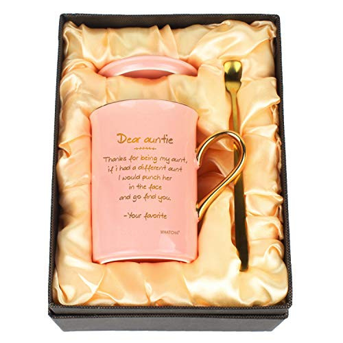WHATCHA Thanks for Being My Aunt Funny Pink Gold Coffee Mugs Mothers Day Christmas Birthday Ceramic Novelty Tea Cups for Aunt Women 11oz