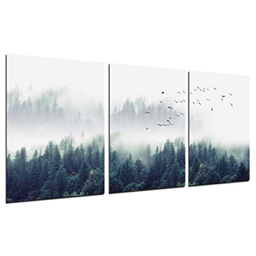 Foggy Forest Wall Art Painting - 3 Piece Misty Mountain Trees Landscape Decor Flying Birds Nature Poster Modern Picture Canvas Print Unframed 12''x16'' Home Office Kitchen Living Room Decoration