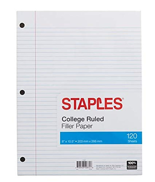 Staples College Ruled Filler Paper, 8" x 10-1/2", 120/Pack (37427M)