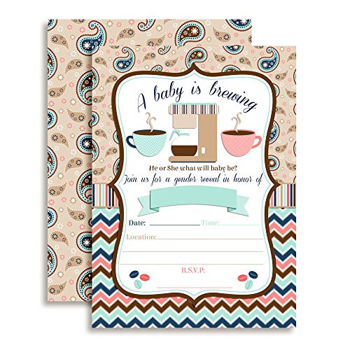 Coffee Themed Gender Reveal Baby Sprinkle Baby Shower Invitations, 20 5"x7" Fill in Cards Twenty White Envelopes AmandaCreation