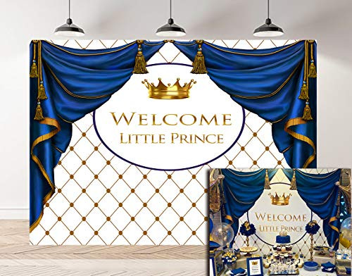BoTong 7x5FT Royal Prince Baby Shower Theme Photography Backdrop Golden Crown Rhombus Background Photo Baby Little Boy Shower Party Bule Curtain Banner Supplies Decoration?