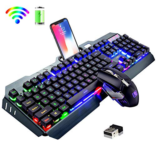 Wireless Keyboard and Mouse,Rainbow LED Backlit Rechargeable Keyboard Mouse with 3800mAh Battery Metal Panel,Mechanical Feel Keyboard and 7 Color Gaming Mute Mouse for Windows Computer Gamers?Rainbow?