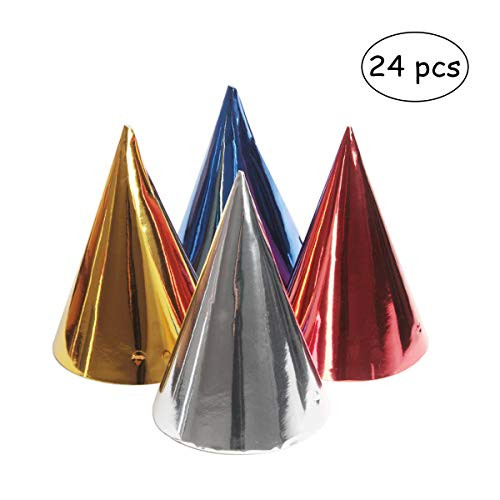 yalansmaiP 24 Pieces Birthday Party Hats Foil Cone Hats, Festive Party Decoration for Birthday Anniversary, 6.3 inch, Assorted