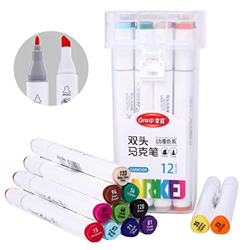 12 Colors Art Marker Set Dual Tip Permanent Marker pens for Kids & Adult Drawing and Painting Supplies with Marker Storage Box Carrying Case