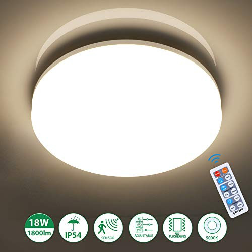 LED Motion Sensor Ceiling Light Indoor, Oeegoo 18W 1800LM LED Ceiling Lamp with Remote Control, IP54 Waterproof, 5000K Daylight Adjustable Flush Mount Light Fixture for Bathroom, Bedroom, Kitchen