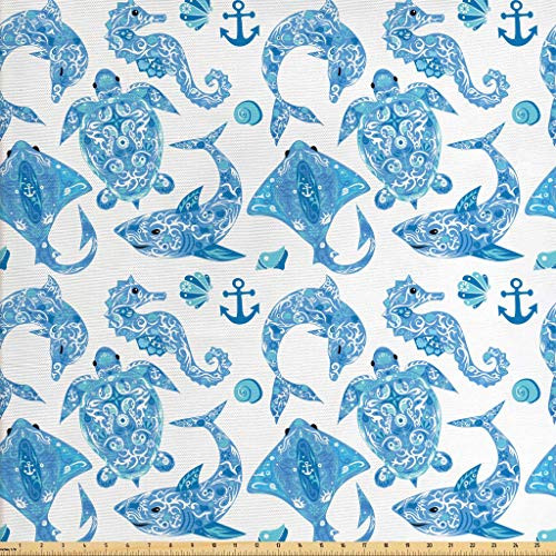 Lunarable Anchor Fabric The Yard, Pattern Turtle Dolphin Sea Horse Mollusk Shark Fauna Exotic Tropical Aquatic, Decorative Fabric Upholstery Home Accents, 1 Yard, Aqua Sky Blue