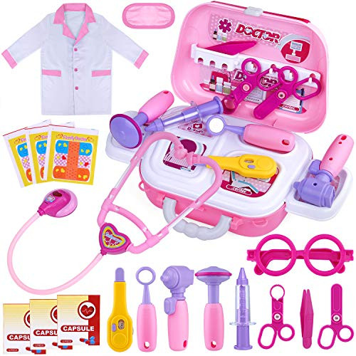 GINMIC Kids Doctor Play Kit, 22 Pieces Pretend Play Doctor Set with Roleplay Doctor Costume and Carry Case for Toddlers and Kids, Medical Dr Kit Toys for Girl Age 3 4 5 6 7 Year Old