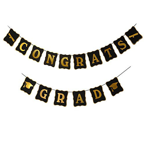 Uspeedy- Congrats Grad Banner 2020 Graduation Party Supplies Grad Decorations Black Gold Garland for Congratulations Grad Party Décor