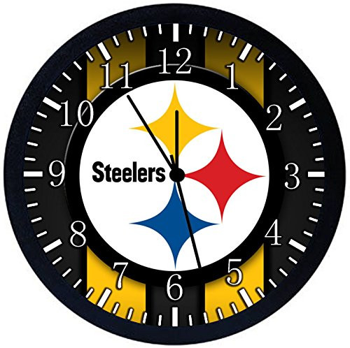 Steelers Wall Clock Large 12" Black Frame Clear Face Silent Non-Ticking Nice for Gift or Décor F31