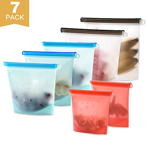 Silicone Reusable Freezer Bags(Set of 7)-2xLarge 50oz, 3xMedium 30oz, 2xSmall 15oz, Airtight Seal Food Preservation Bags Silicone Reusable Food Bags for Vegetable,Liquid,Fruit,Lunch,Snack,Sandwich