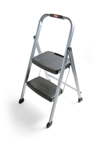 Rubbermaid RM-2W Folding 2-Step Steel Frame Stool with Hand Grip and Plastic Steps, 200-Pound Capacity, Silver Finish