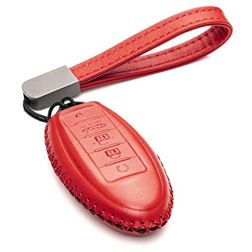 Vitodeco Leather Smart Key Fob Case Cover for 2020 Nissan Versa, Sentra, Altima, Maxima, Rogue, 2020 Infiniti Q50, Q60, QX50, QX60, QX80 and More Models (5 Buttons, Red)