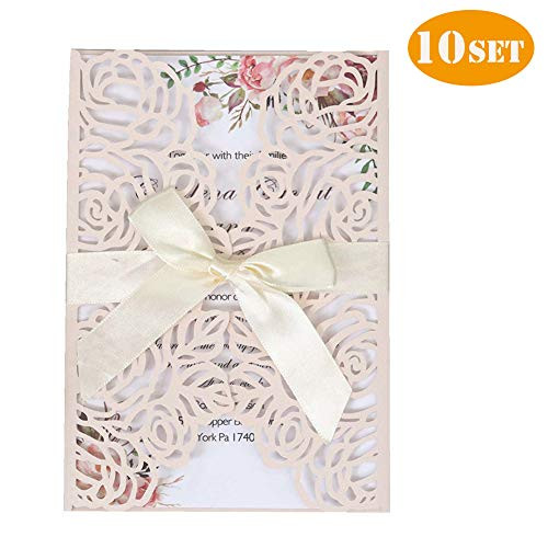 Wedding Invitation Cards, Laser Cut Floral Design Invites Pocket for Bridal Showers, Engagement Parties, Includes Covers+Blank Cards+Envelopes+Bowknots,Pack of 10 Set (Light Pink)