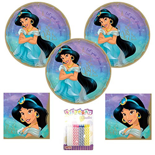 Princess Jasmine Party Supplies Party Supplies Pack Serves 16: 9" Plates and Luncheon Napkins with Birthday Candles (Bundle for 16)
